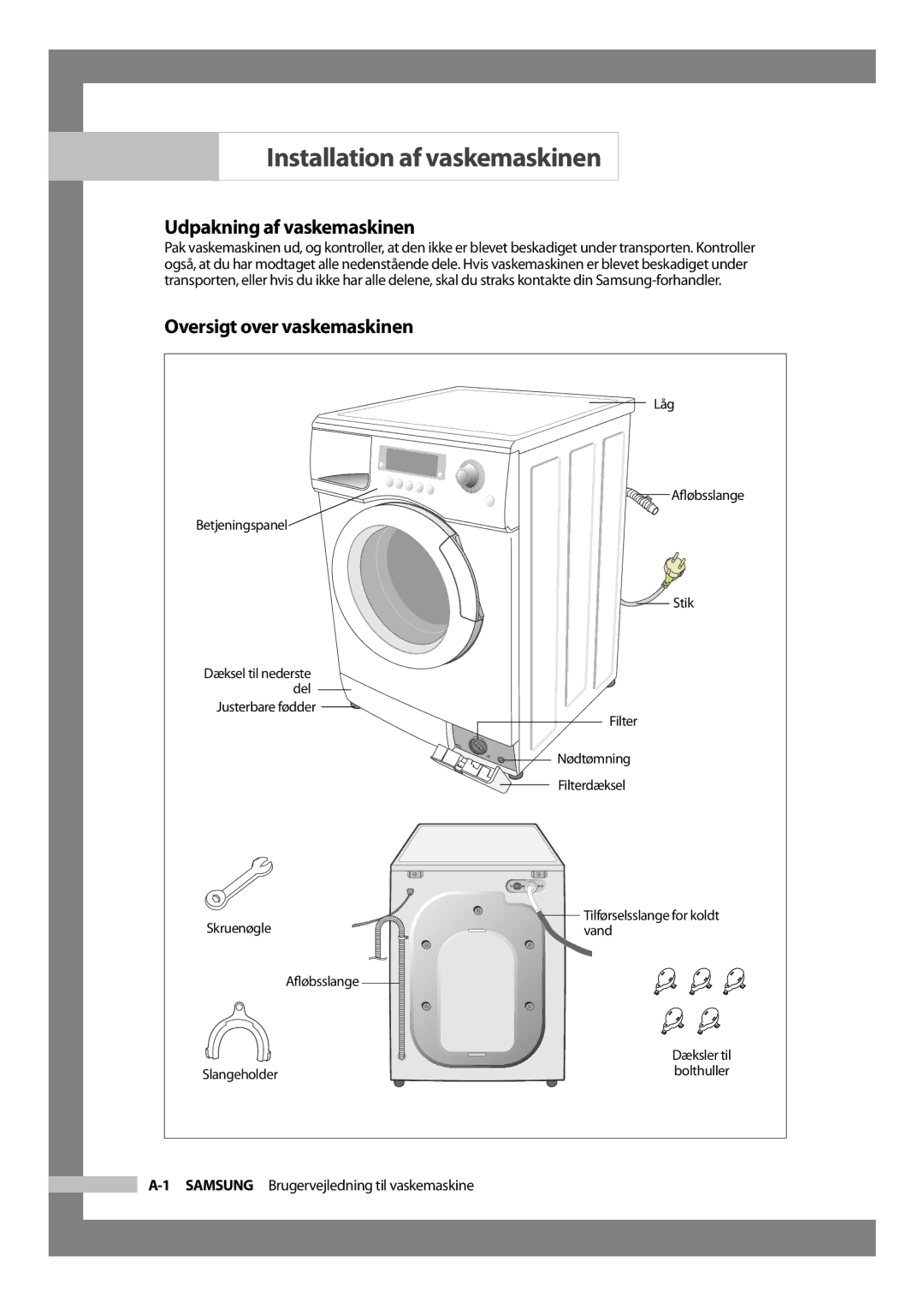 Samsung J1455AVGW/XEE manual Installation af vaskemaskinen, Udpakning af vaskemaskinen, Oversigt over vaskemaskinen 