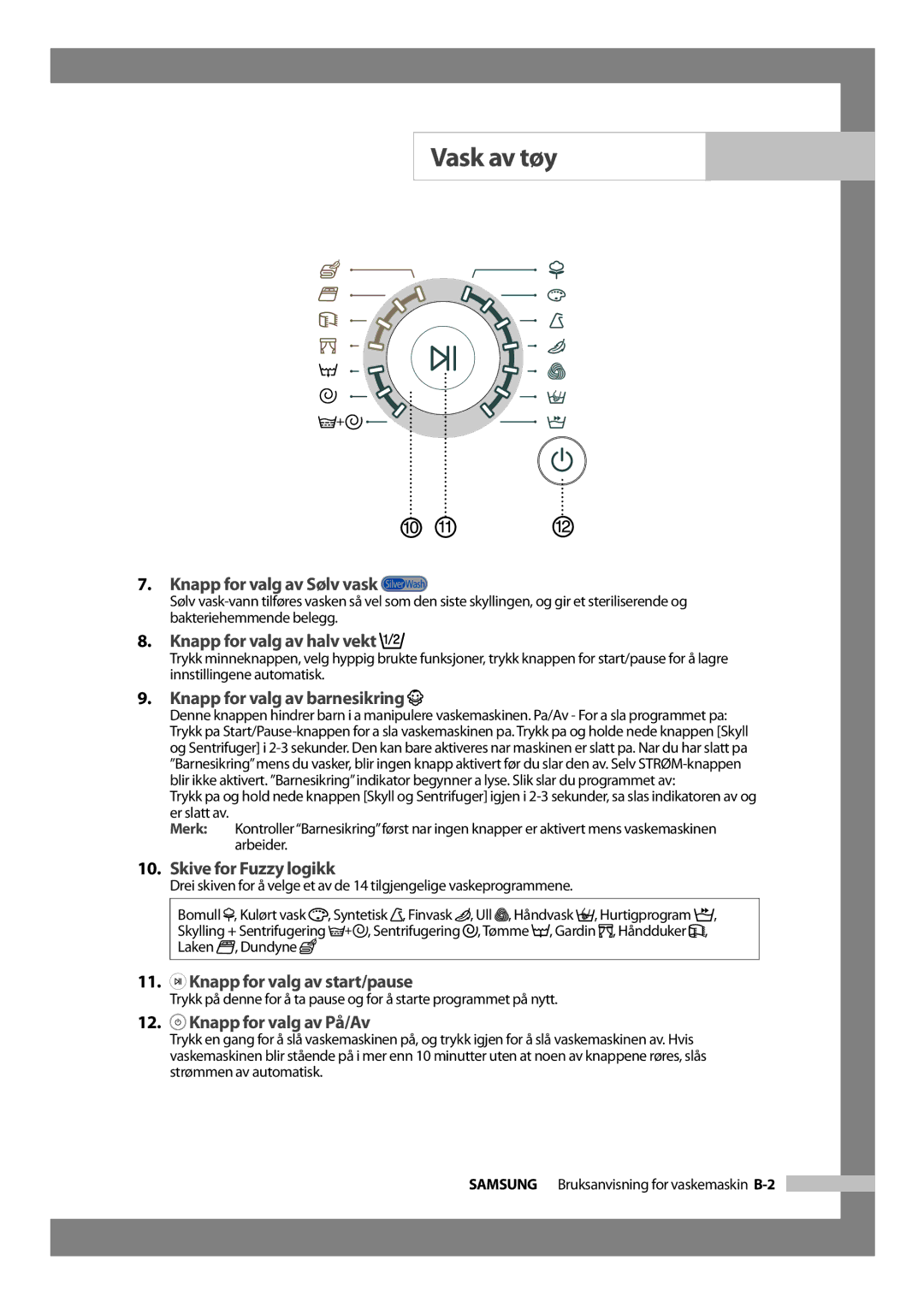 Samsung J1255AVGW/XEE manual Knapp for valg av Sølv vask, Knapp for valg av halv vekt, Knapp for valg av barnesikring 