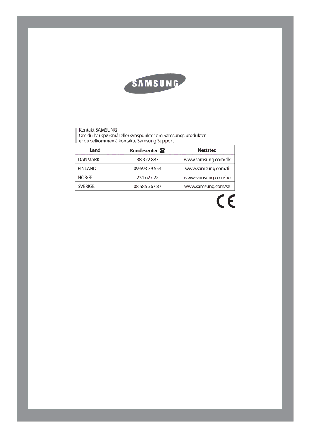 Samsung J1455AVGW/XEE, J1255AVGW/XEE manual Kontakt Samsung, Land Kundesenter Nettsted 