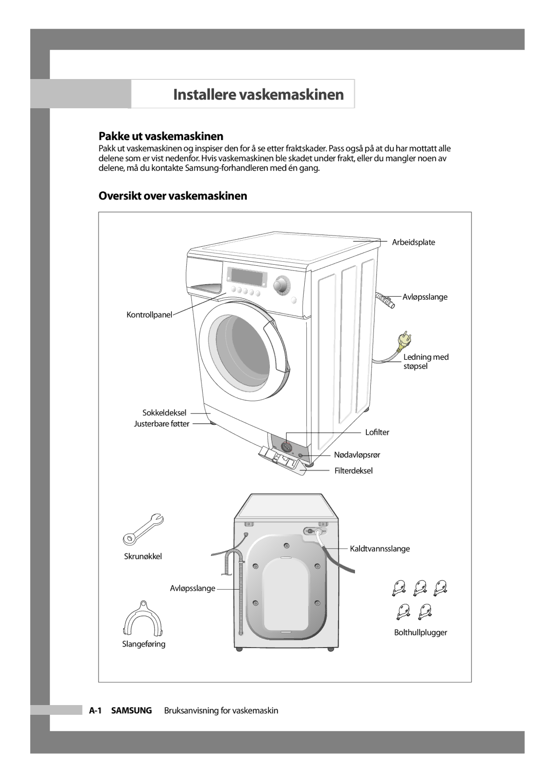 Samsung J1455AVGW/XEE, J1255AVGW/XEE manual Installere vaskemaskinen, Pakke ut vaskemaskinen, Oversikt over vaskemaskinen 