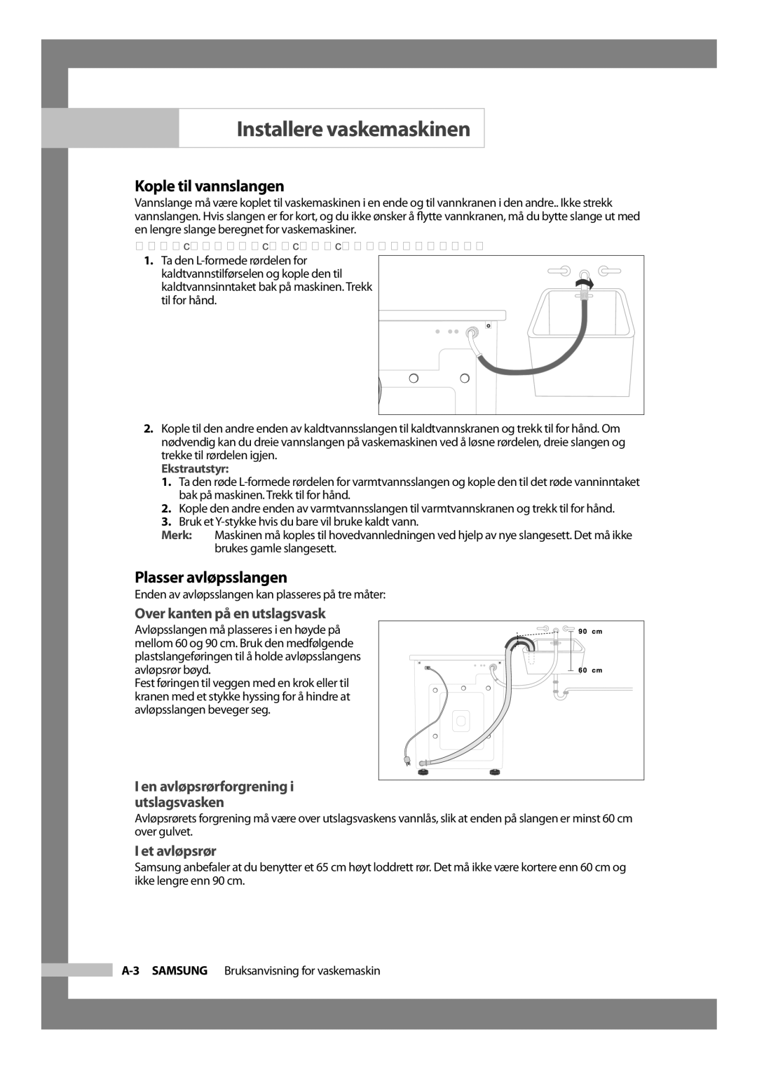 Samsung J1455AVGW/XEE manual Kople til vannslangen, Plasser avløpsslangen, Over kanten på en utslagsvask, Et avløpsrør 