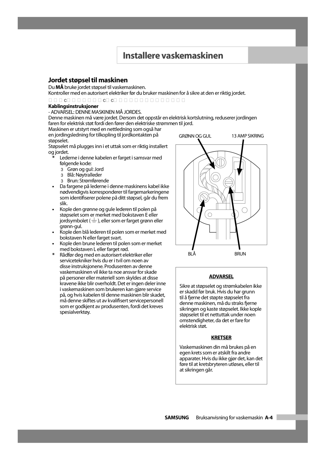 Samsung J1255AVGW/XEE, J1455AVGW/XEE manual Jordet støpsel til maskinen, For brukere i Storbritannia, Kablingsinstruksjoner 