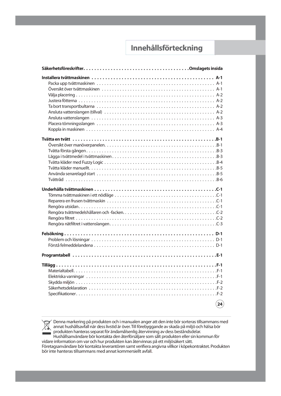 Samsung J1255AVGW/XEE, J1455AVGW/XEE manual Innehållsförteckning, Tvätta en tvätt 