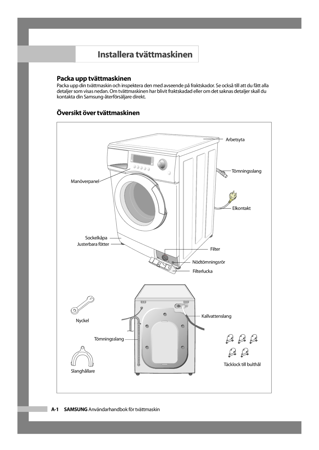 Samsung J1455AVGW/XEE, J1255AVGW/XEE manual Installera tvättmaskinen, Packa upp tvättmaskinen, Översikt över tvättmaskinen 