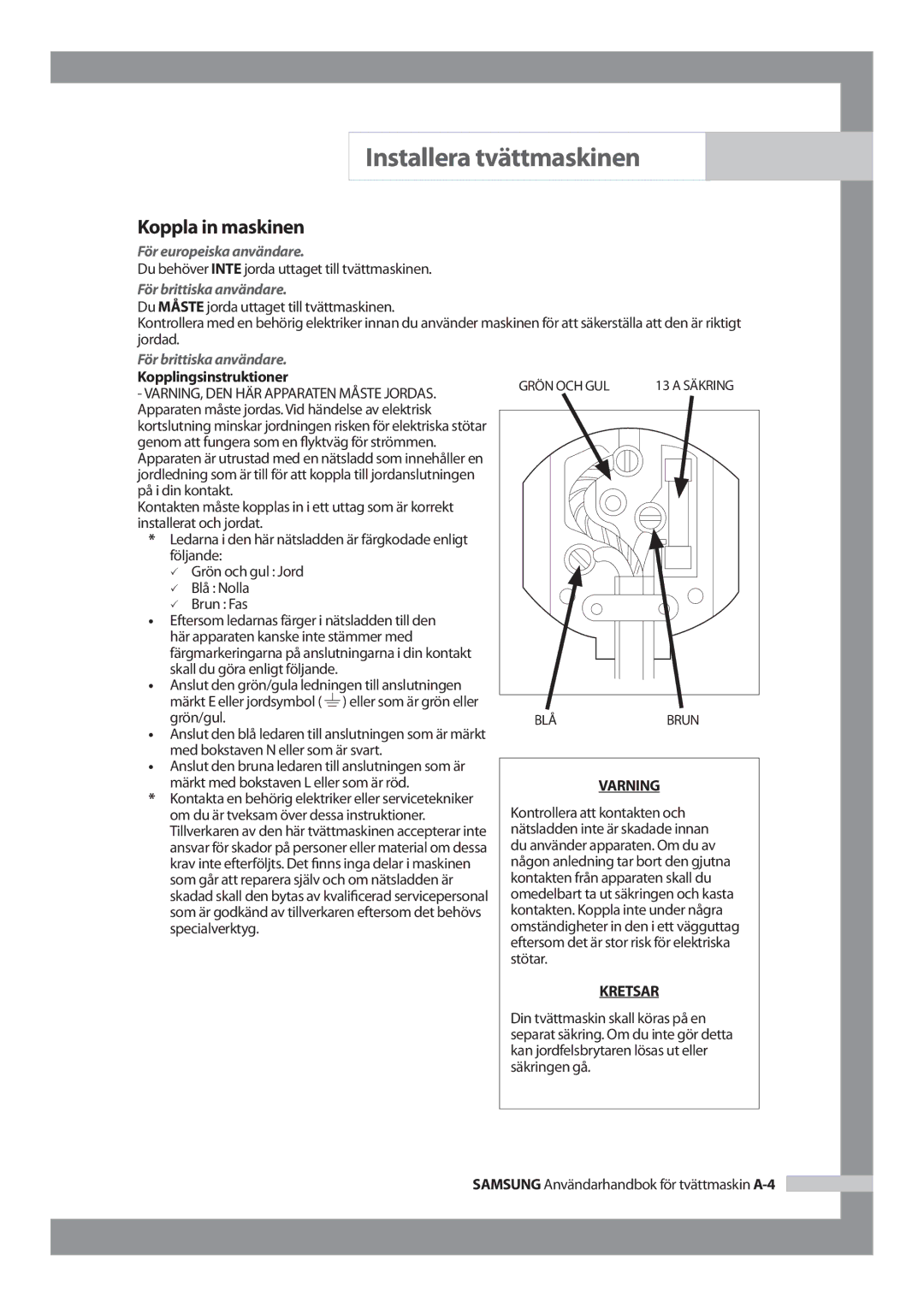 Samsung J1255AVGW/XEE manual Koppla in maskinen, För europeiska användare, Du behöver Inte jorda uttaget till tvättmaskinen 