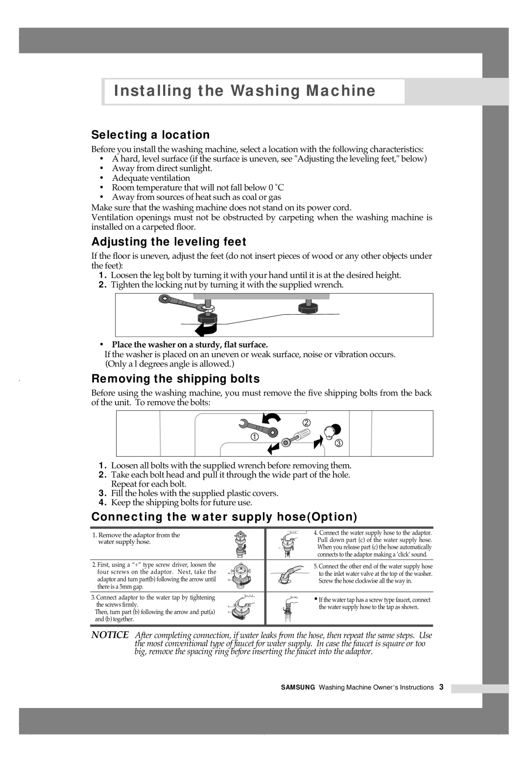 Samsung J1255AVGW/XEE, J1455AVGW/XEE manual Selecting a location, Adjusting the leveling feet, Removing the shipping bolts 