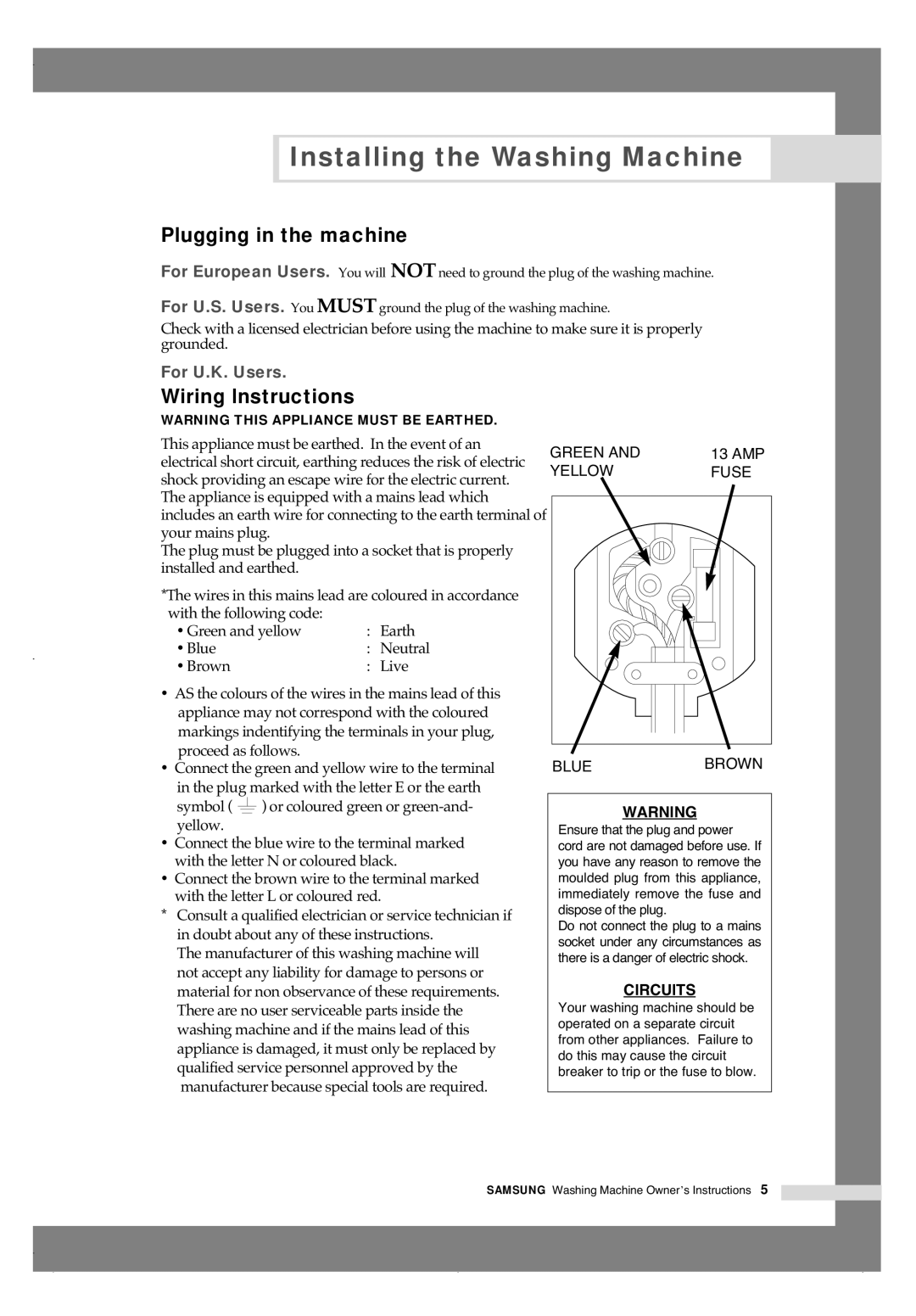 Samsung J1255AVGW/XEE, J1455AVGW/XEE manual Plugging in the machine, Wiring lnstructions 