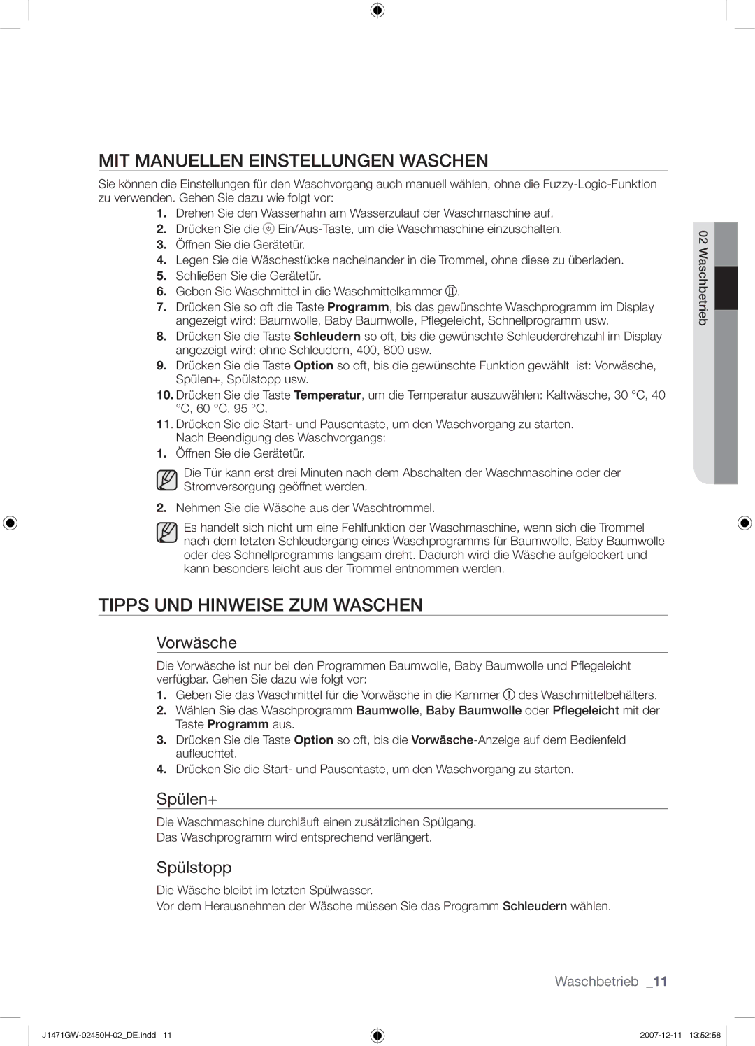 Samsung P1481GW/XEG, J1471GW/XEG, P1281GW/XEG manual MIT Manuellen Einstellungen Waschen, Tipps UND Hinweise ZUM Waschen 