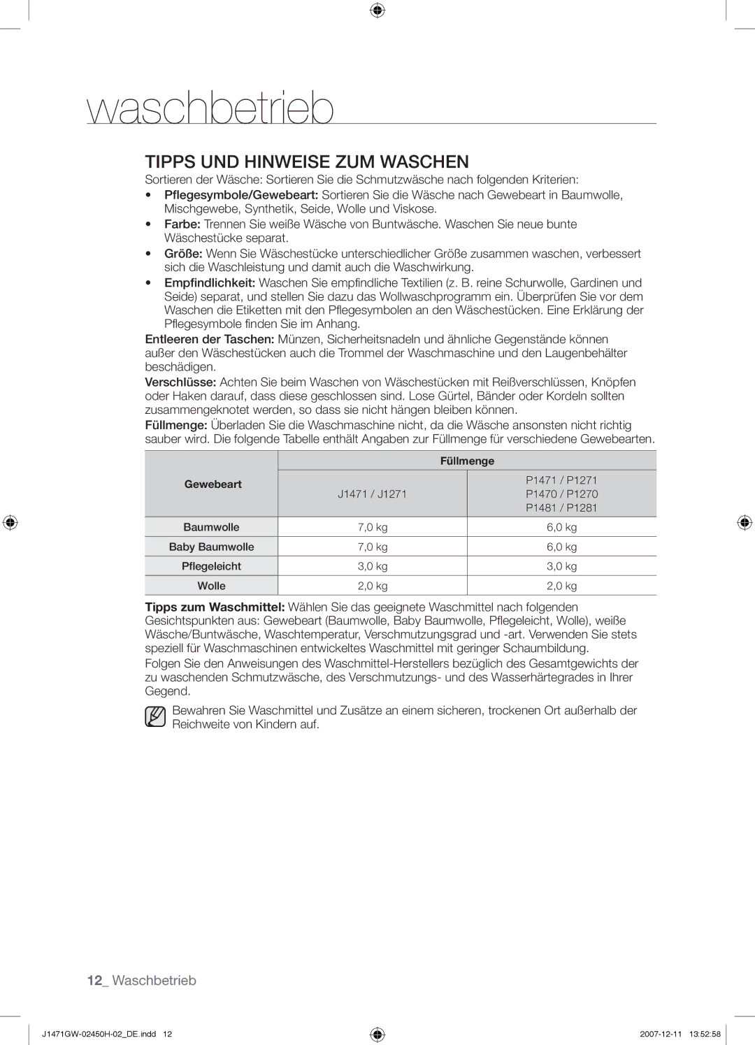 Samsung P1270GW/XEG, J1471GW/XEG, P1281GW/XEG, P1470GW/XEG, P1471GW/XEG, P1481GW/XEG, P1271GW/XEG manual Füllmenge 