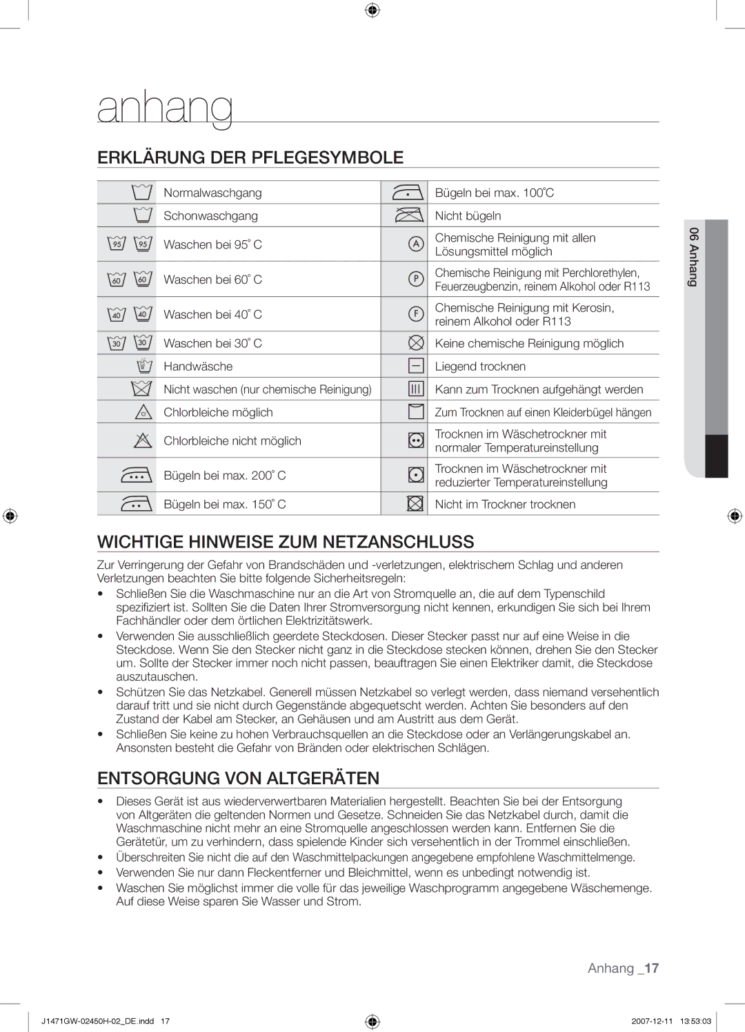 Samsung P1471GW/XEG Anhang, Erklärung DER Pflegesymbole, Wichtige Hinweise ZUM Netzanschluss, Entsorgung VON Altgeräten 