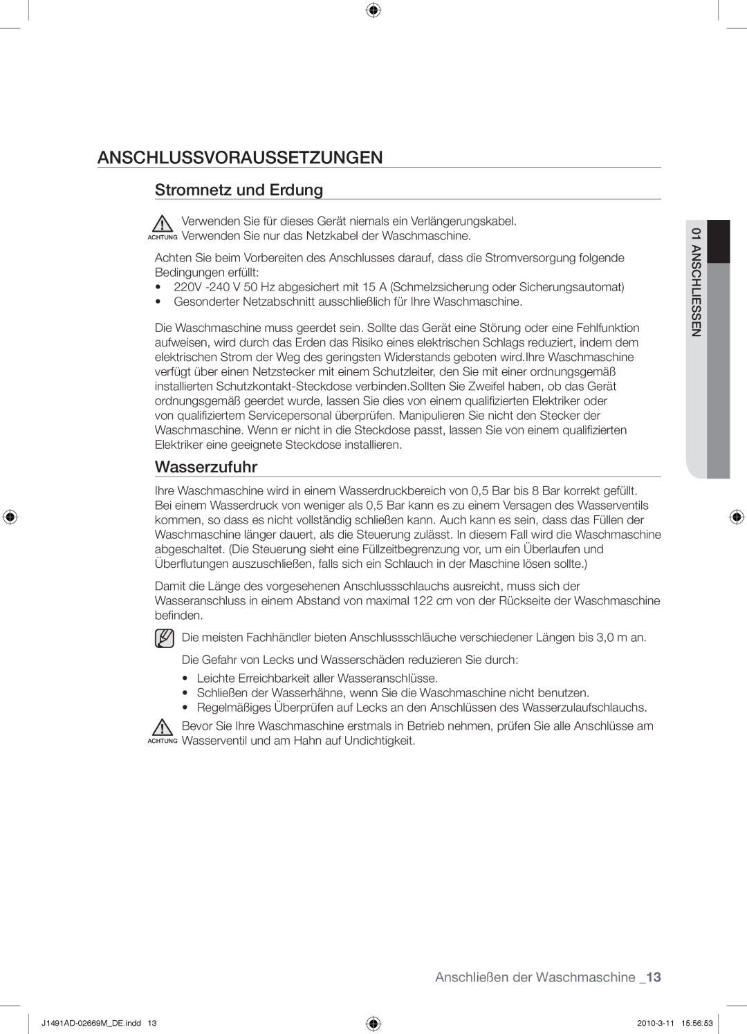 Samsung J1491ADW/XEG manual Anschlussvoraussetzungen, Stromnetz und Erdung, Wasserzufuhr 