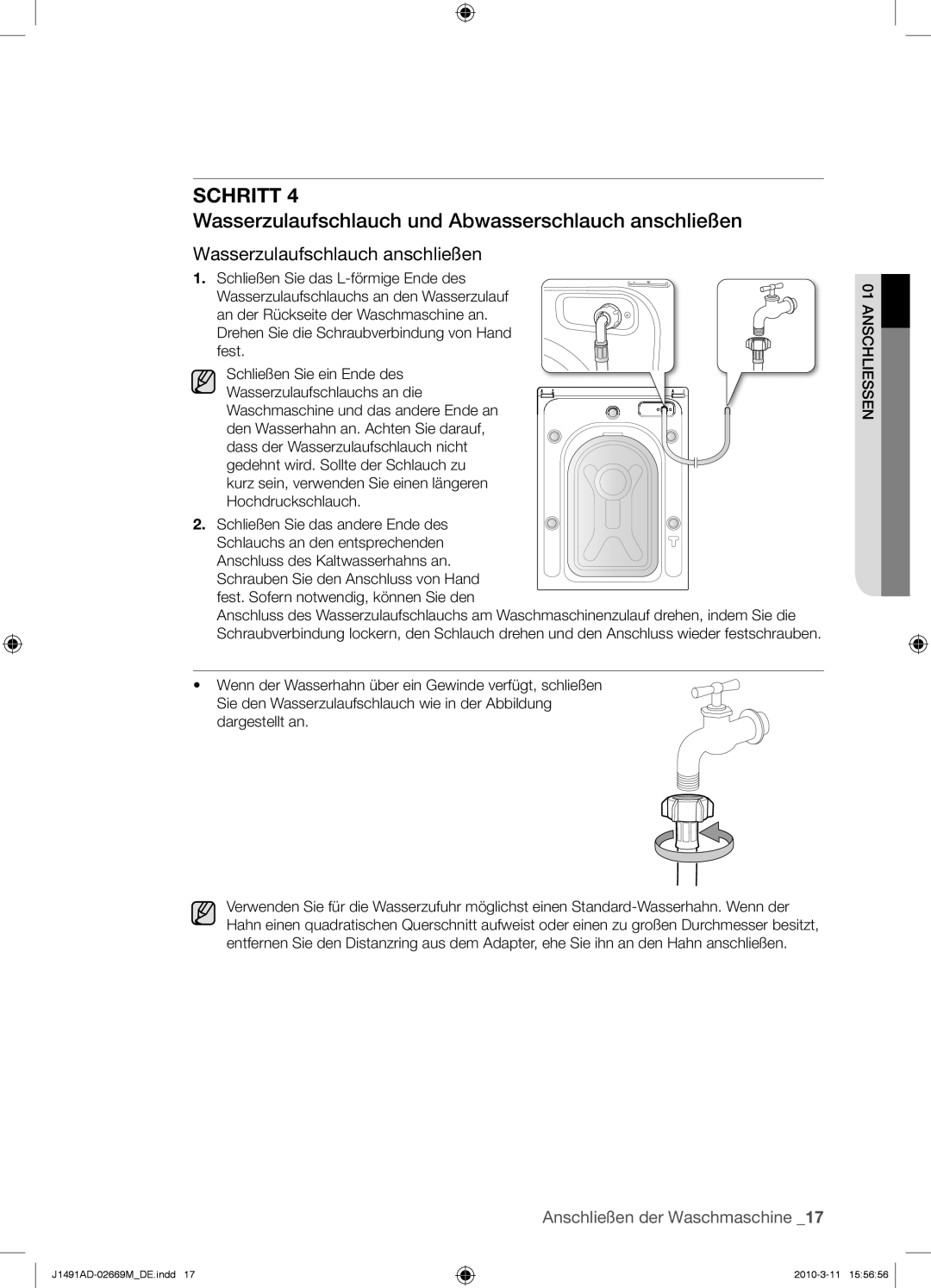 Samsung J1491ADW/XEG manual Wasserzulaufschlauch und Abwasserschlauch anschließen, Wasserzulaufschlauch anschließen 