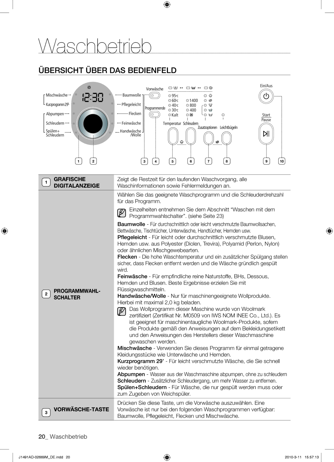 Samsung J1491ADW/XEG manual Übersicht Über DAS Bedienfeld, Digitalanzeige 