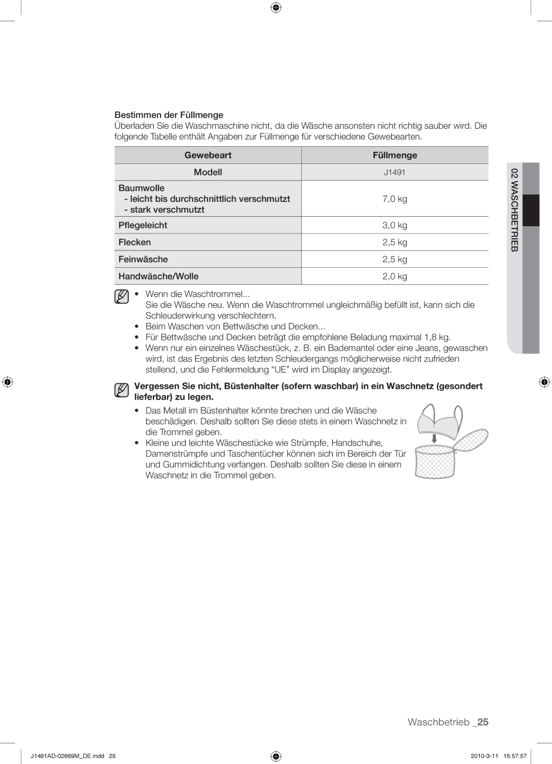 Samsung J1491ADW/XEG manual Gewebeart Füllmenge 