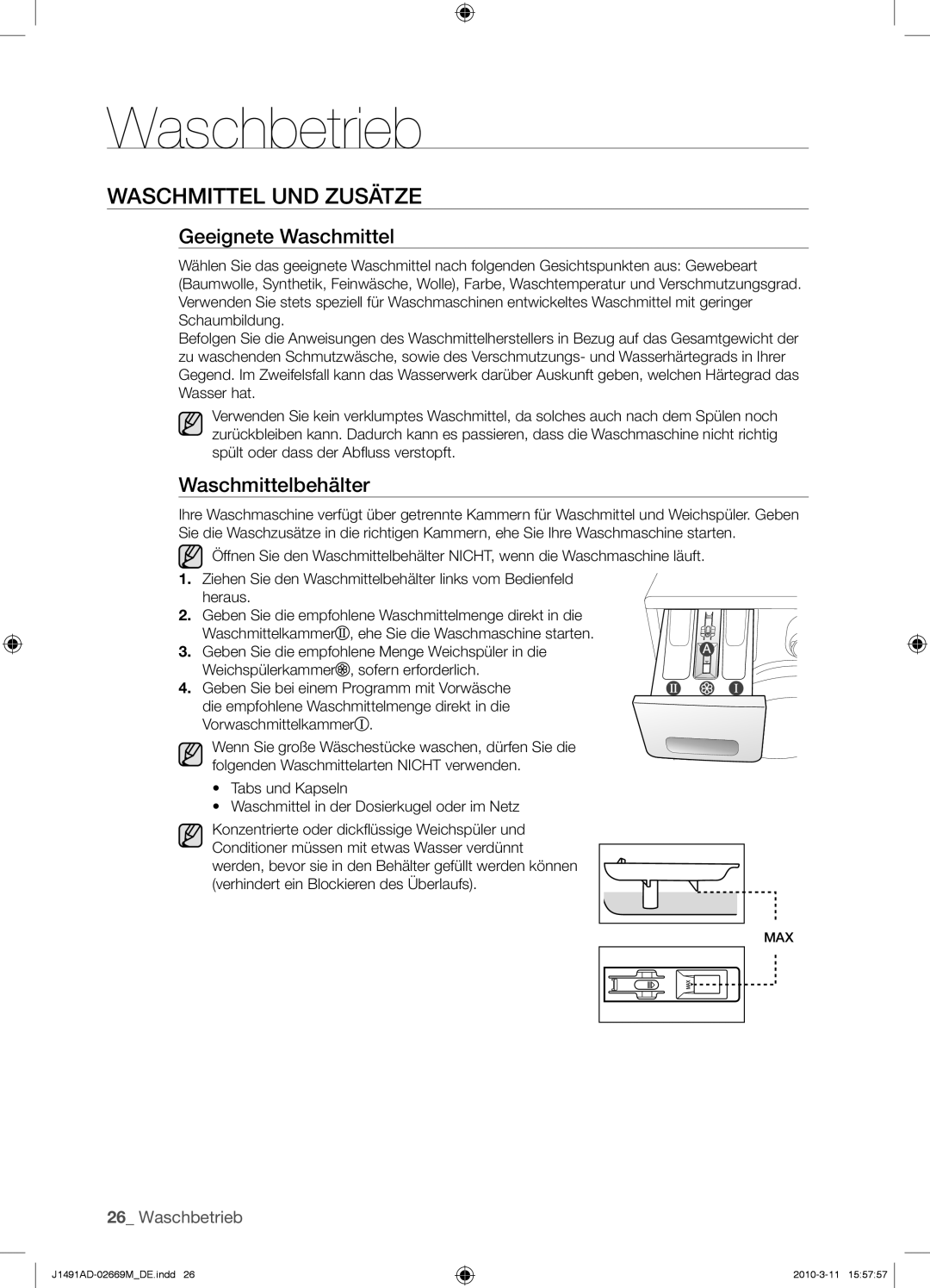 Samsung J1491ADW/XEG manual Waschmittel UND Zusätze, Geeignete Waschmittel, Waschmittelbehälter 