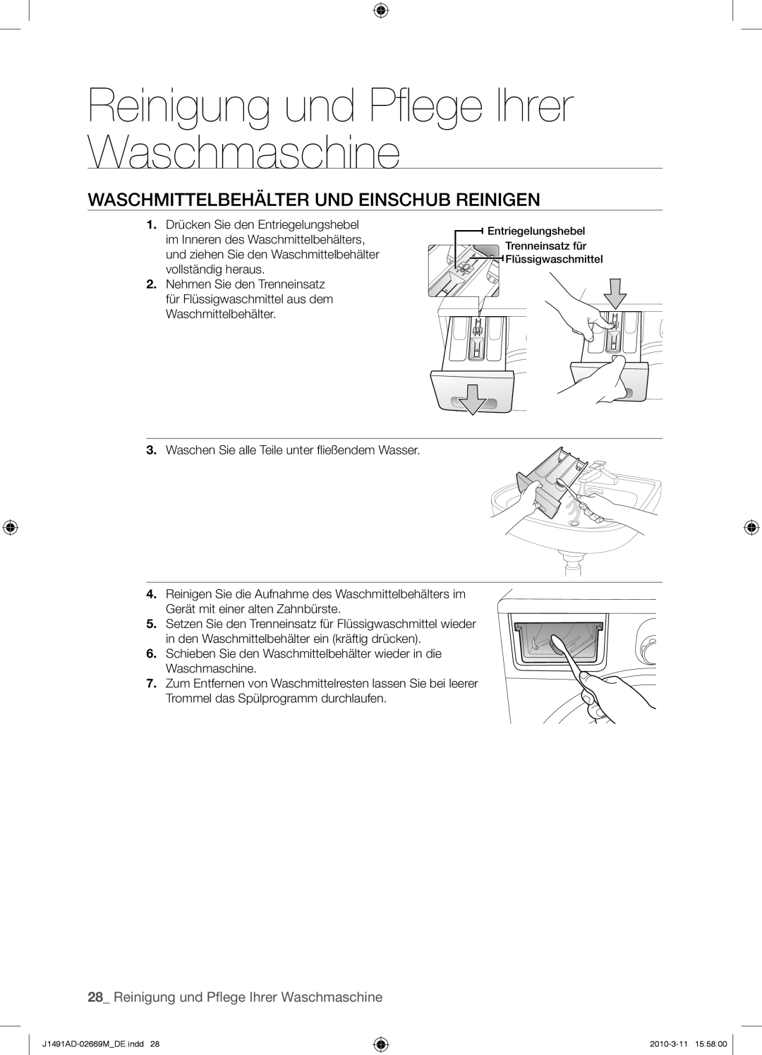 Samsung J1491ADW/XEG manual Waschmittelbehälter UND Einschub Reinigen 