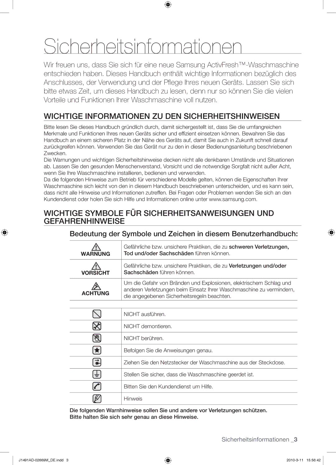 Samsung J1491ADW/XEG manual Sicherheitsinformationen, Wichtige Informationen ZU DEN Sicherheitshinweisen 