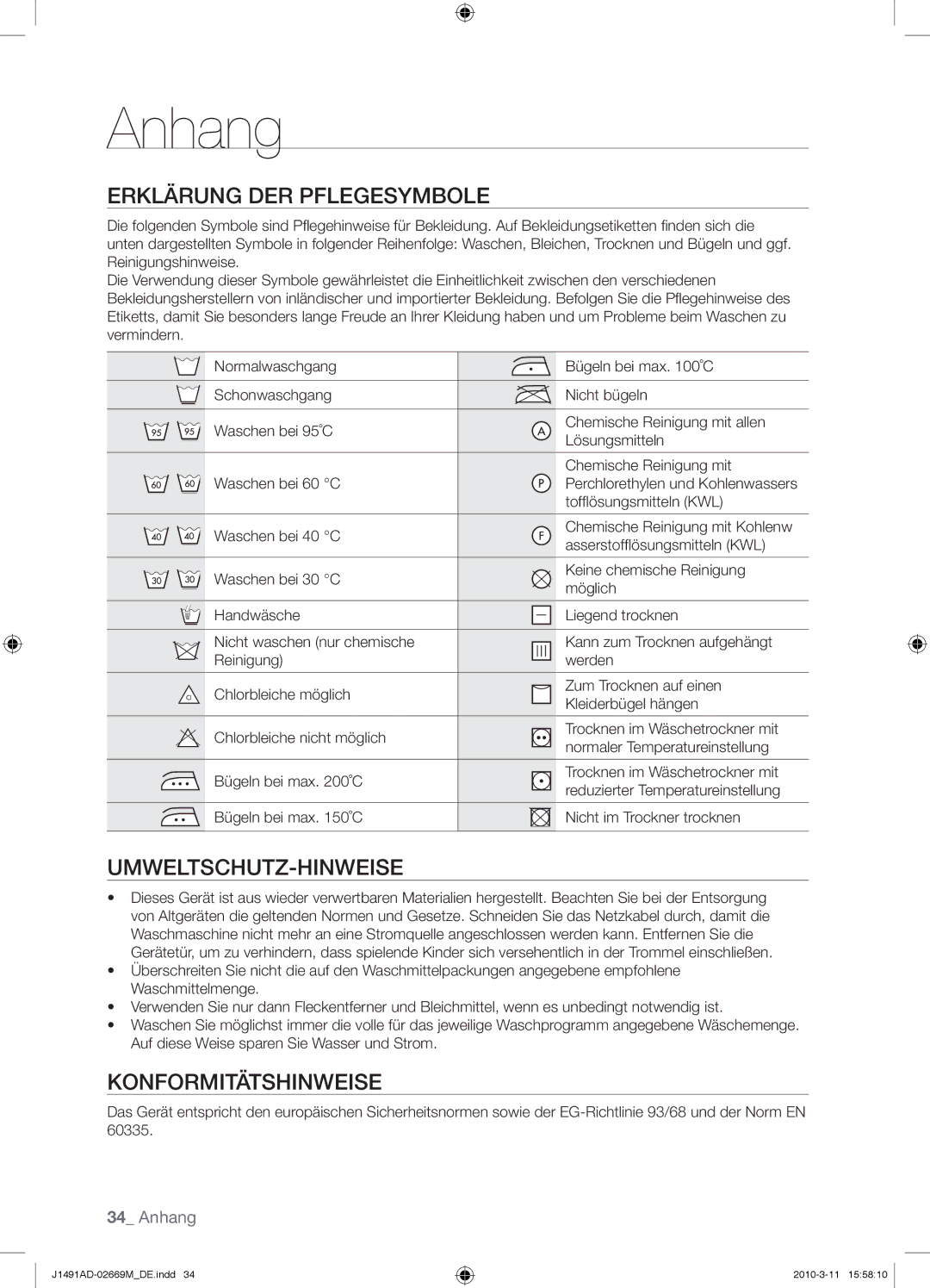 Samsung J1491ADW/XEG manual Anhang, Erklärung DER Pflegesymbole, Umweltschutz-Hinweise, Konformitätshinweise 