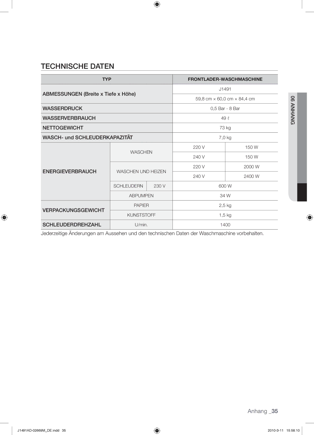 Samsung J1491ADW/XEG manual Technische Daten, Schleuderdrehzahl 