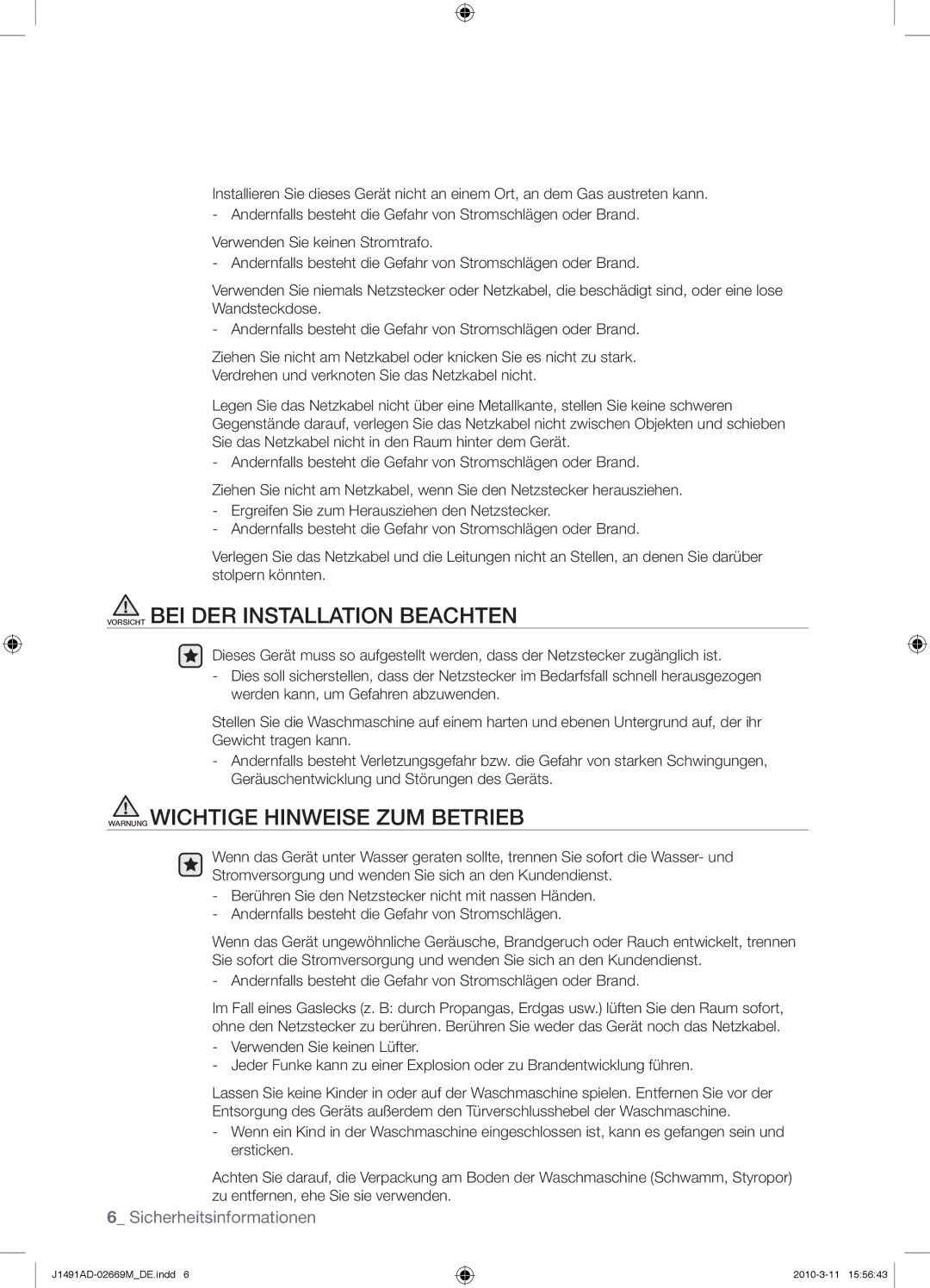 Samsung J1491ADW/XEG manual Vorsicht BEI DER Installation Beachten, Warnung Wichtige Hinweise ZUM Betrieb 