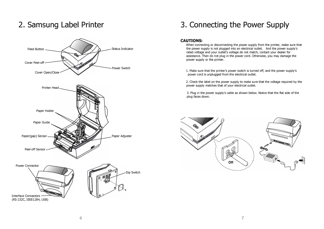 Samsung JE68-00131B manual Samsung Label Printer, Connecting the Power Supply 