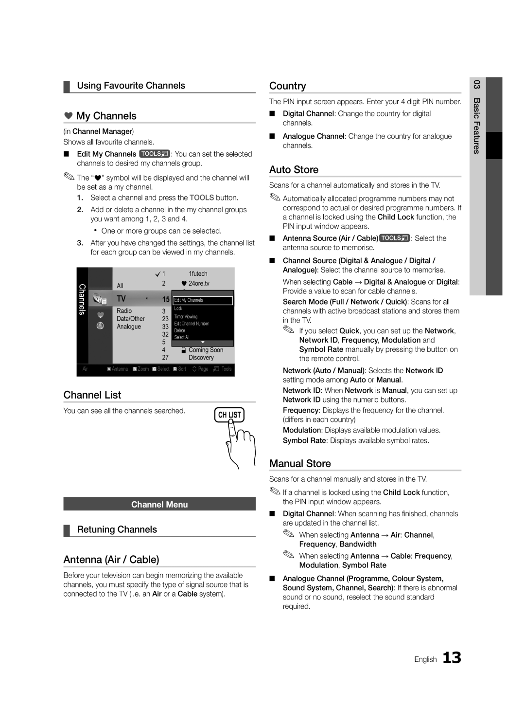 Samsung K-26 user manual My Channels, Country, Auto Store, Channel List, Antenna Air / Cable, Manual Store 