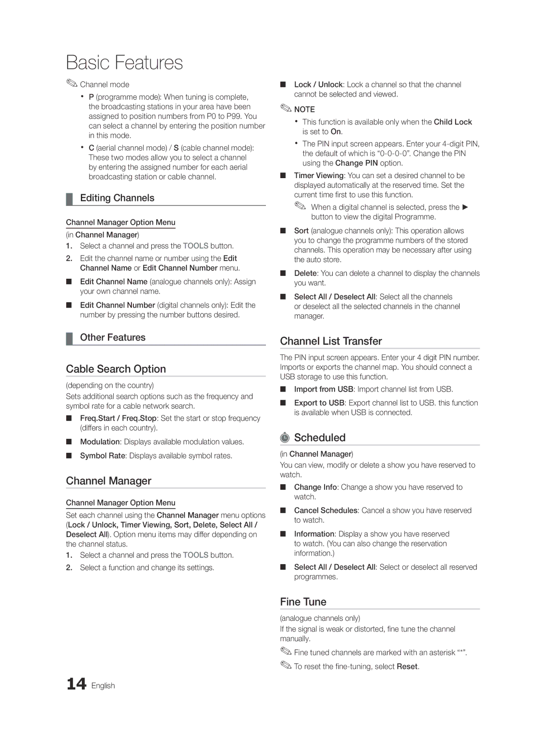 Samsung K-26 user manual Cable Search Option, Channel List Transfer, Scheduled, Fine Tune 