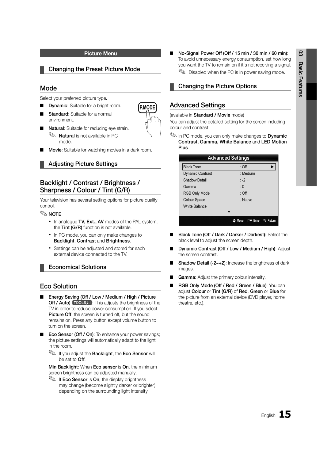 Samsung K-26 user manual Mode, Eco Solution, Advanced Settings 