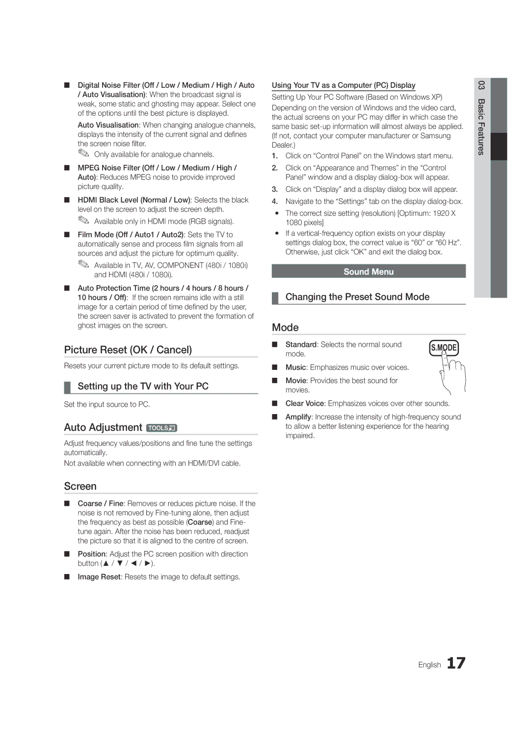 Samsung K-26 user manual Picture Reset OK / Cancel, Auto Adjustment t, Screen, Setting up the TV with Your PC 