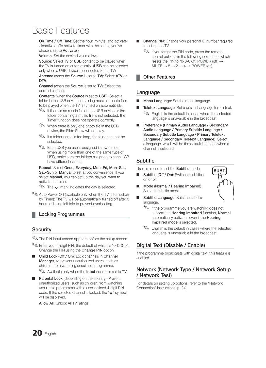 Samsung K-26 user manual Security, Language, Subtitle, Digital Text Disable / Enable 