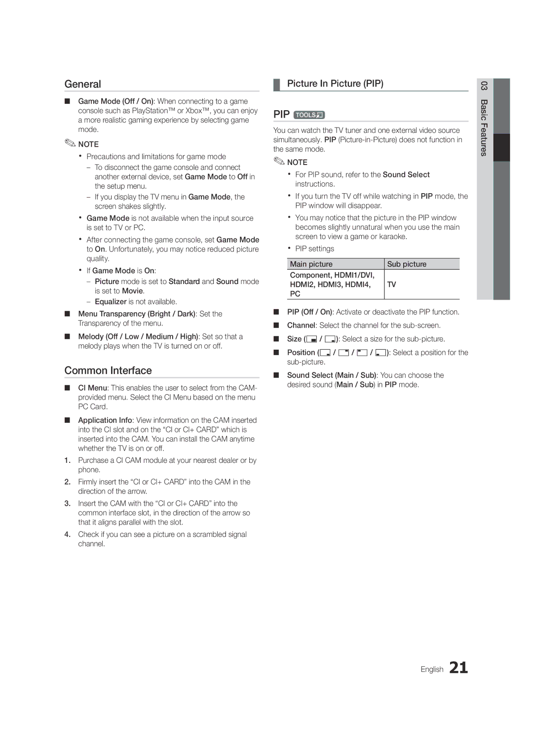 Samsung K-26 user manual General, Common Interface, PIP t, Picture In Picture PIP 