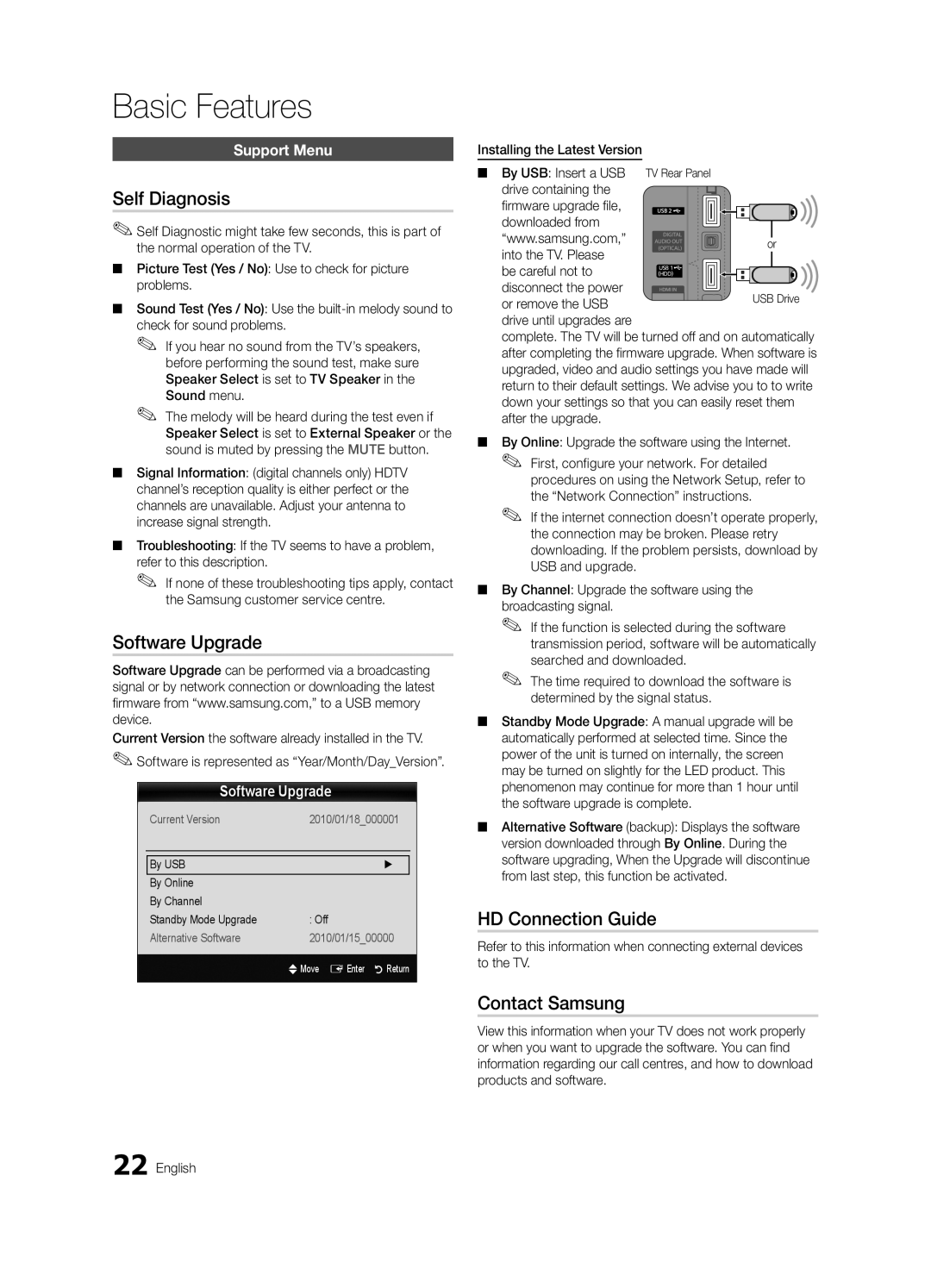 Samsung K-26 user manual Self Diagnosis, Software Upgrade, HD Connection Guide, Contact Samsung 