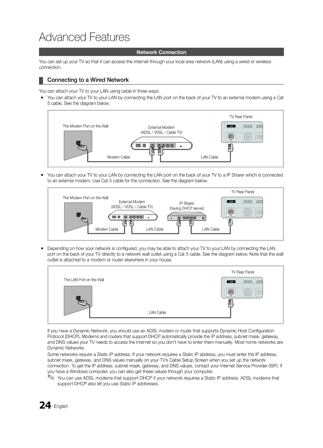 Samsung K-26 user manual Connecting to a Wired Network, Network Connection, Modem Port on the Wall, Modem Cable LAN Cable 