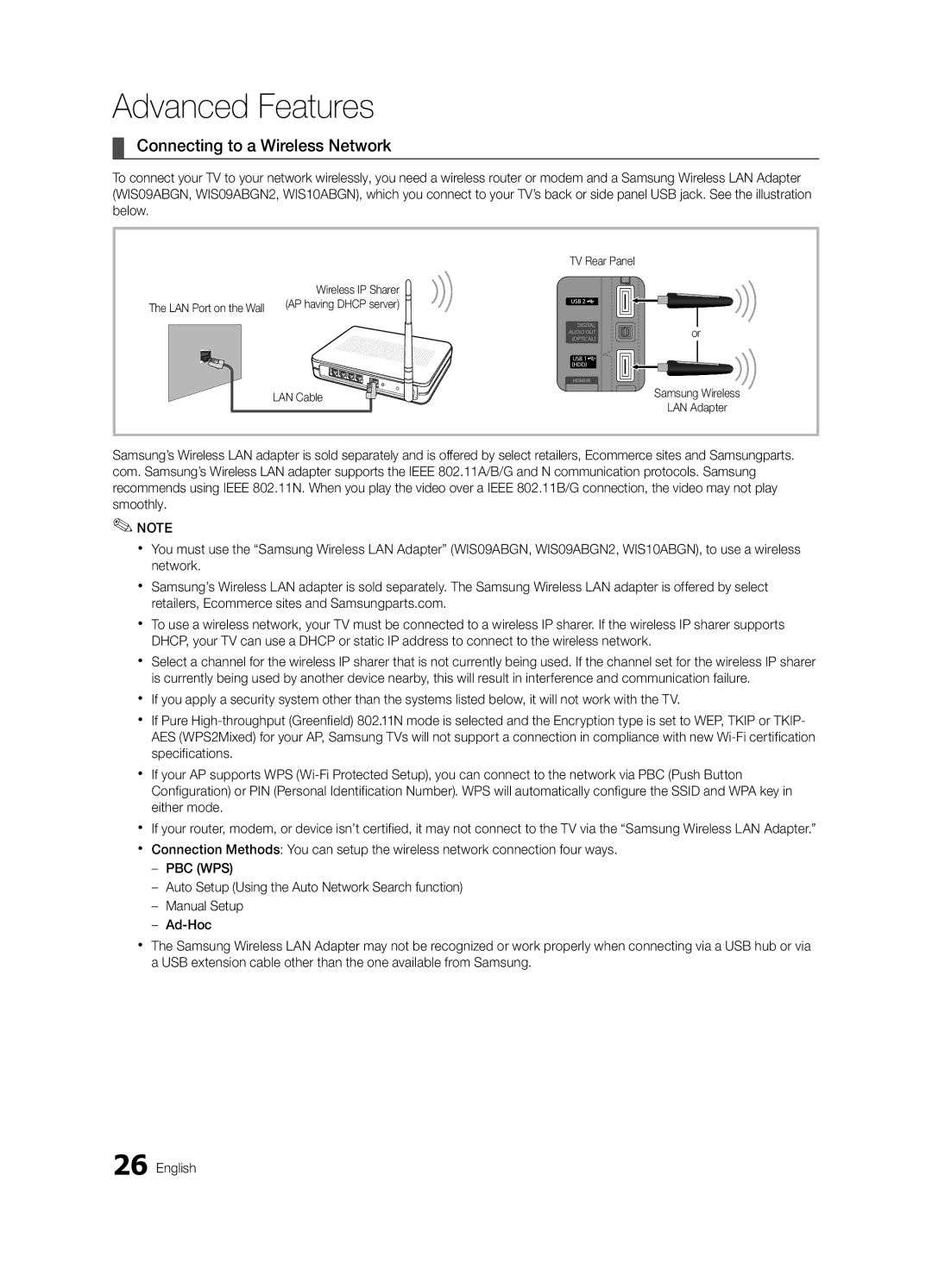 Samsung K-26 user manual Connecting to a Wireless Network, TV Rear Panel, Wireless IP Sharer 