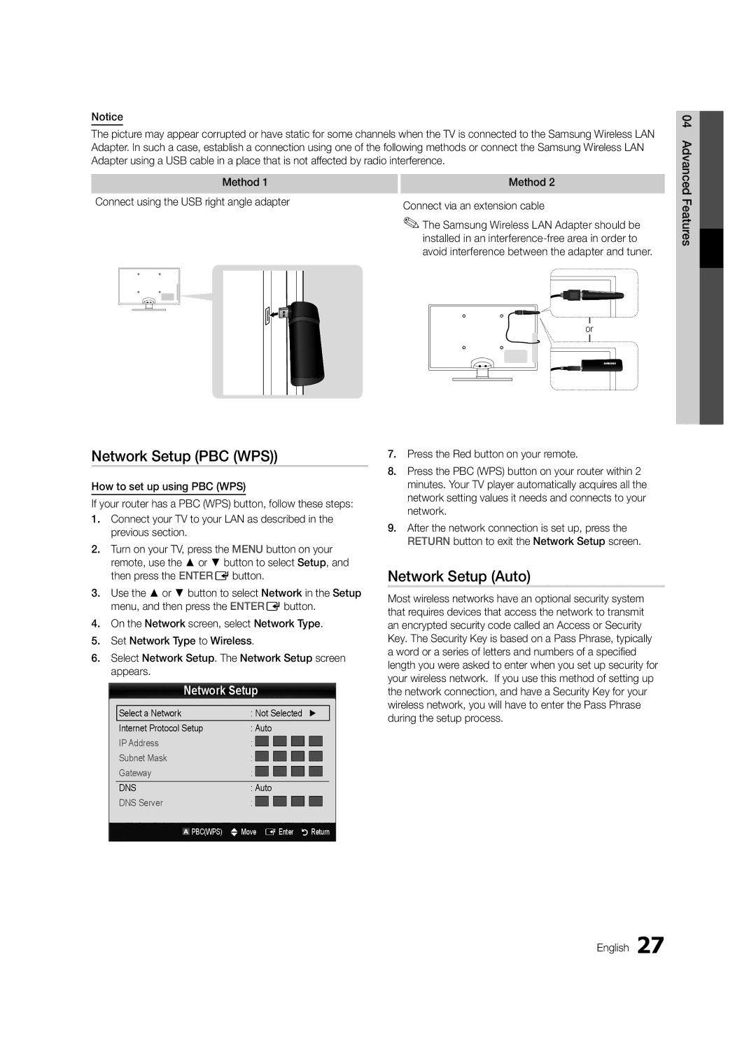 Samsung K-26 user manual Network Setup PBC WPS, Avoid interference between the adapter and tuner 