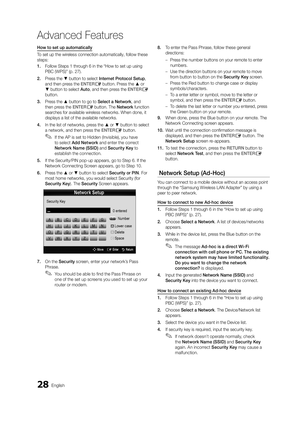 Samsung K-26 user manual Network Setup Ad-Hoc, Security Key Entered ~9 Number, Delete 