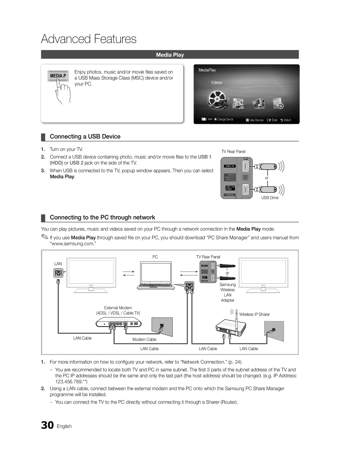 Samsung K-26 Connecting a USB Device, Connecting to the PC through network, Media Play, Your PC, Turn on your TV 