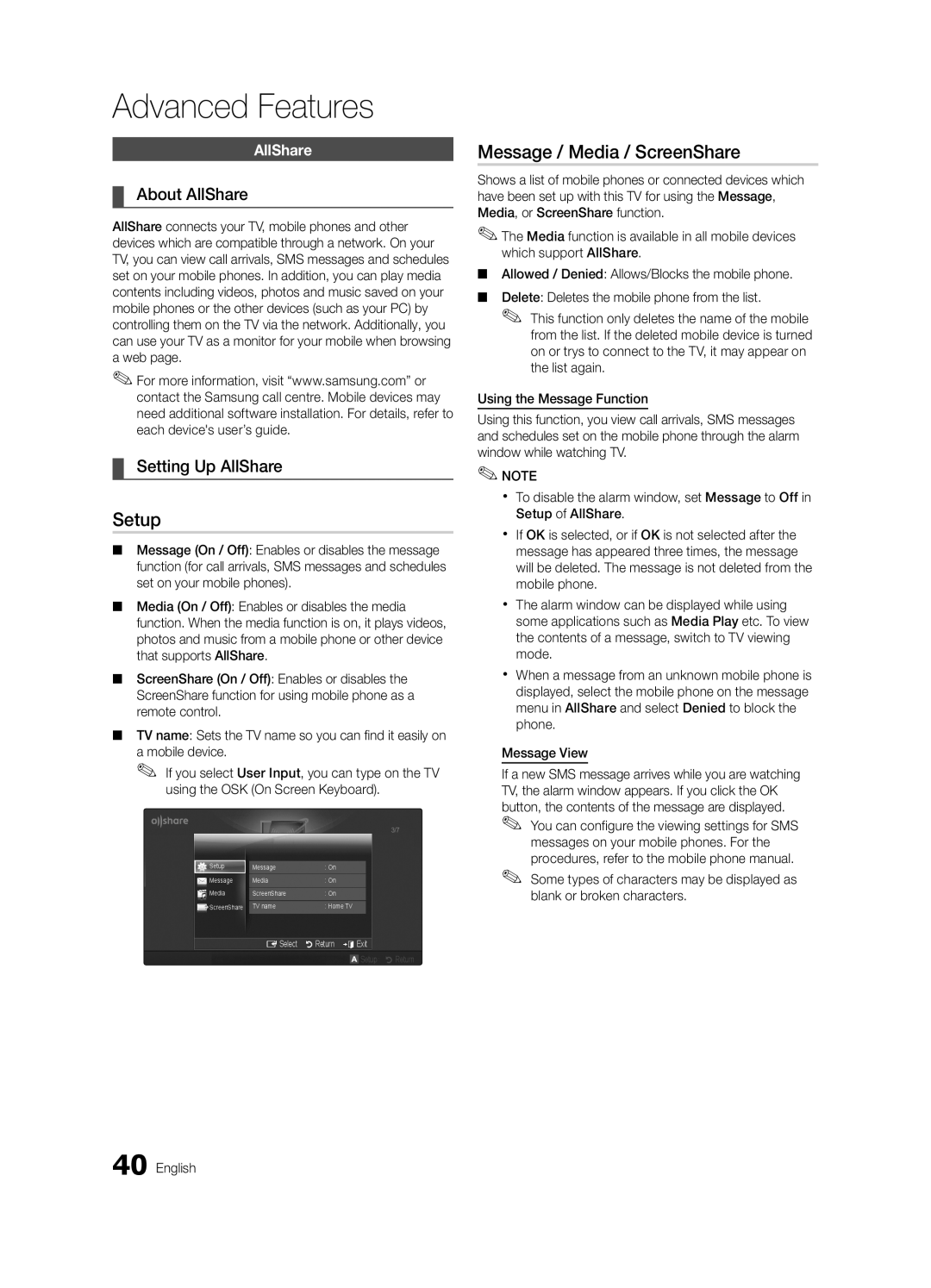 Samsung K-26 user manual Setup, Message / Media / ScreenShare, About AllShare, Setting Up AllShare 