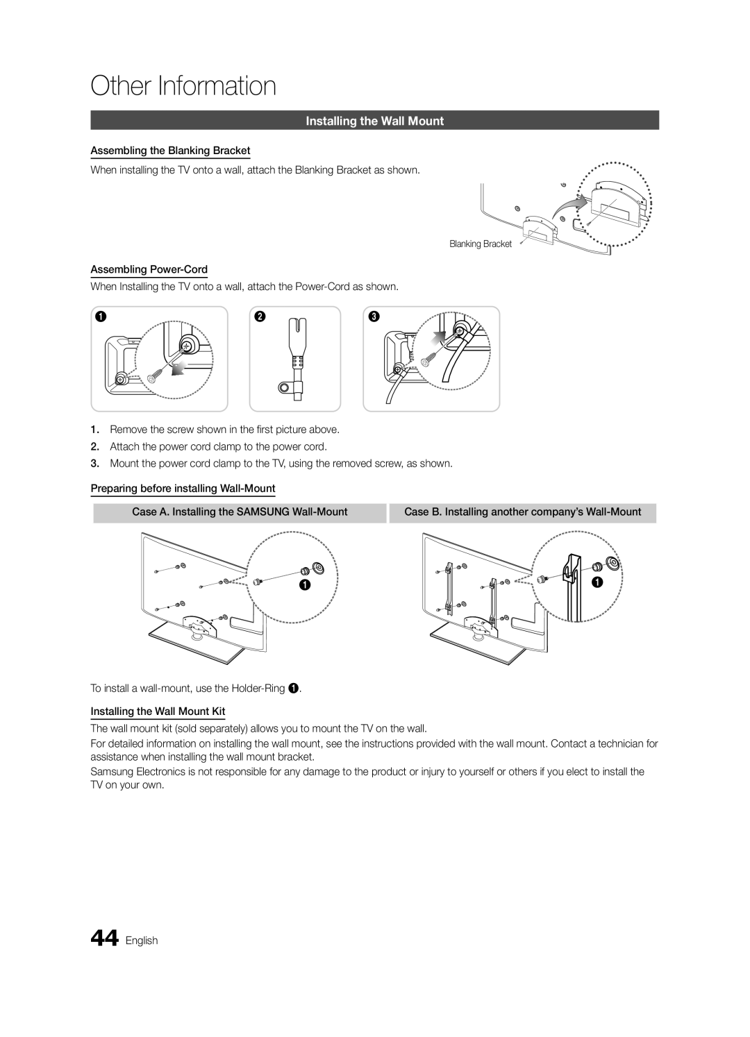 Samsung K-26 user manual Installing the Wall Mount, Blanking Bracket 