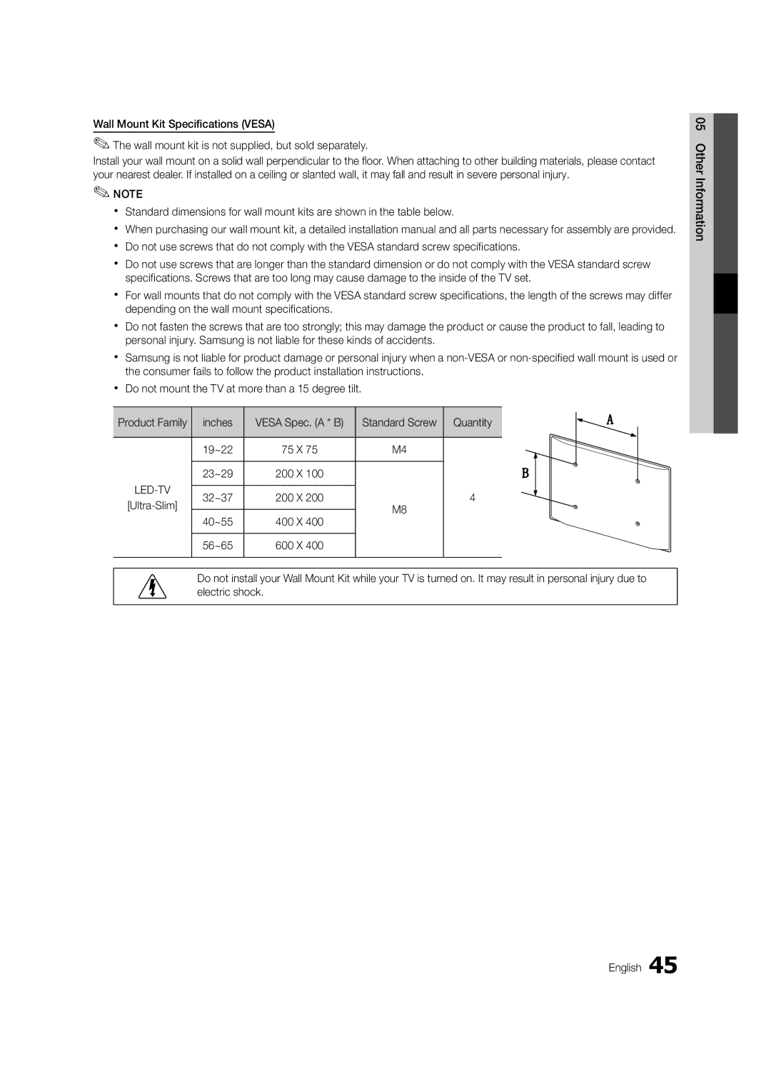 Samsung K-26 user manual Inches, Quantity, 19~22, 23~29, 32~37, 40~55, 56~65 