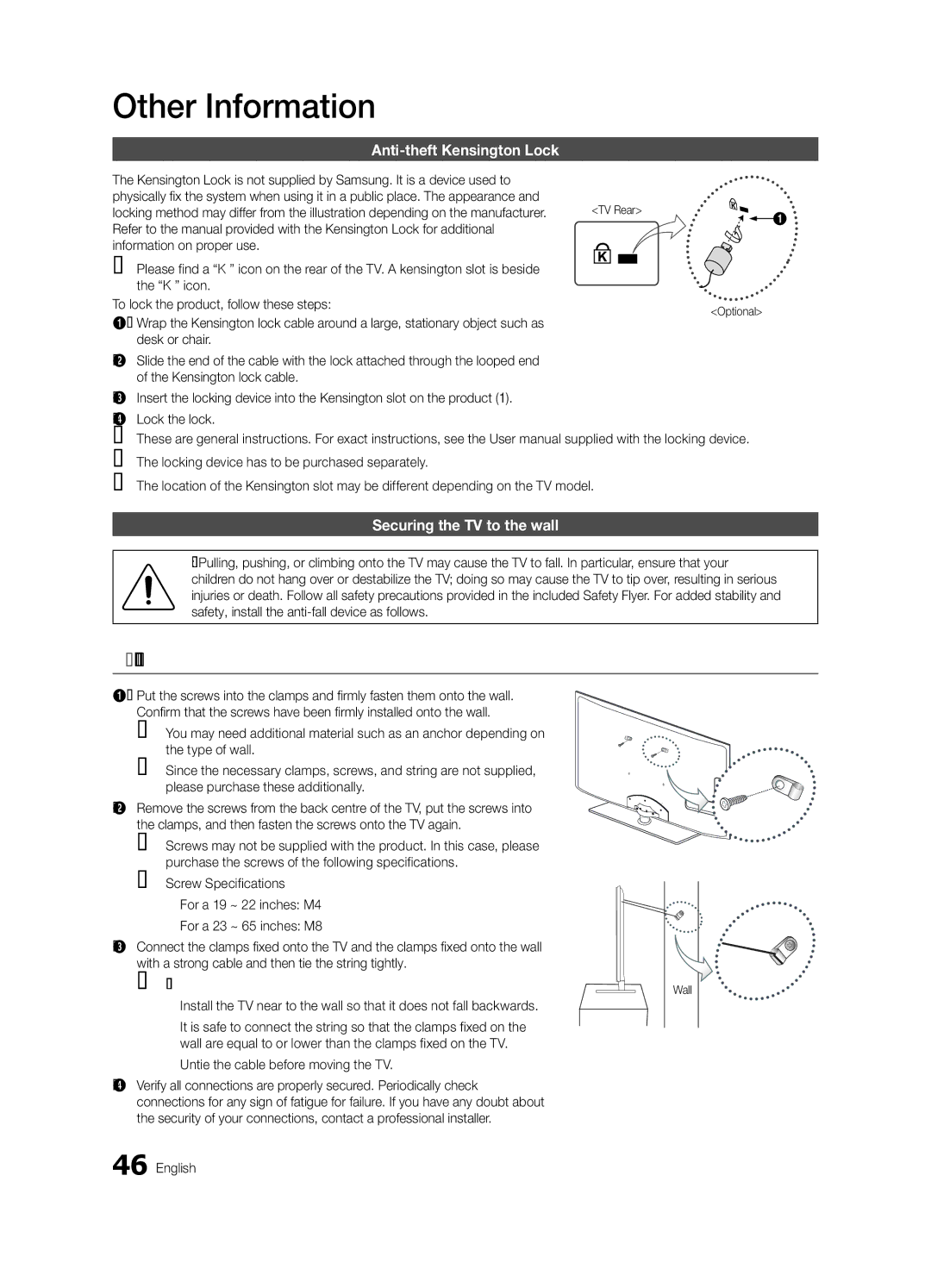 Samsung K-26 user manual To Avoid the TV from Falling, Anti-theft Kensington Lock, Securing the TV to the wall, Optional 