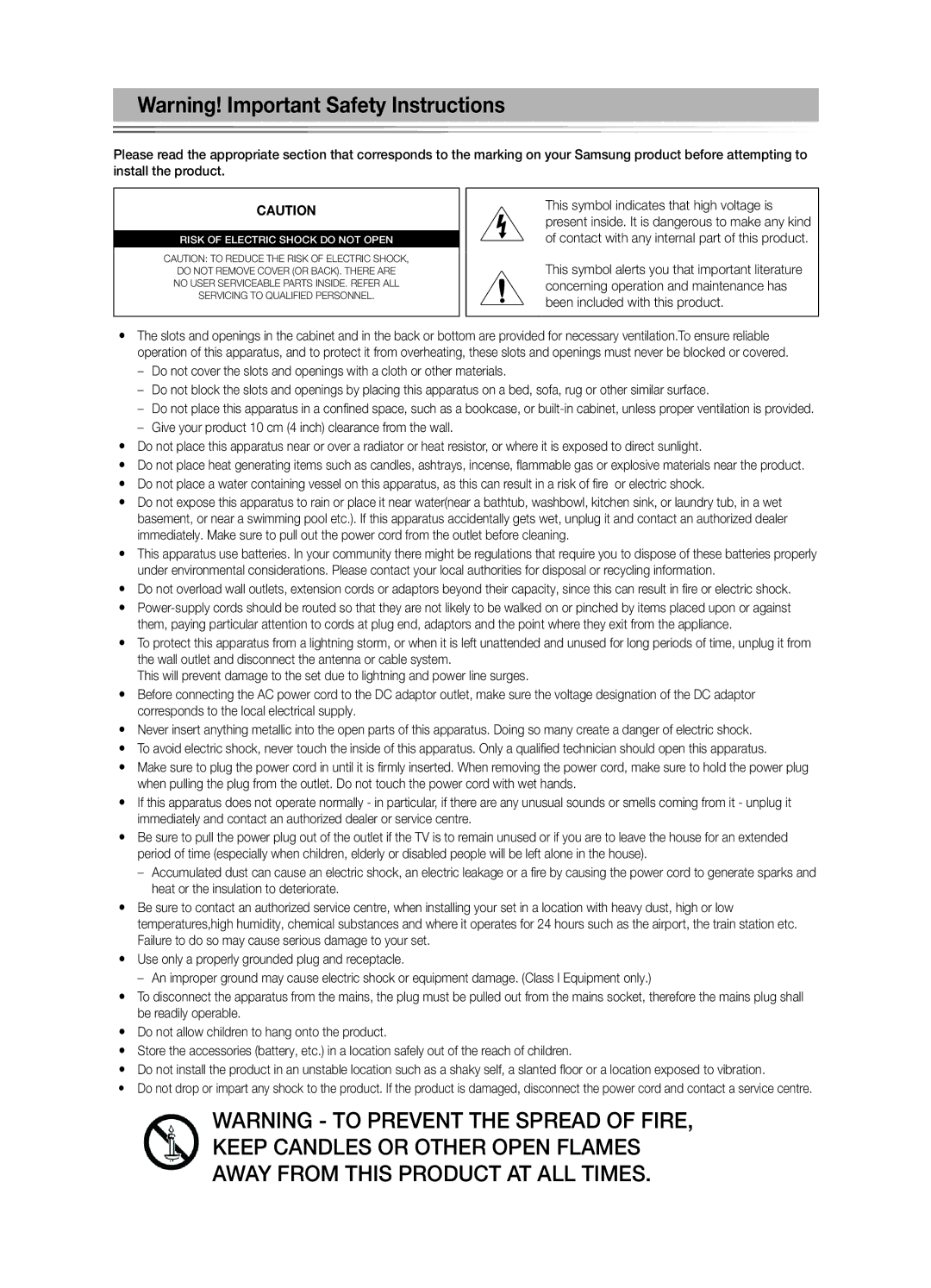 Samsung K-26 user manual Risk of Electric Shock do not Open 