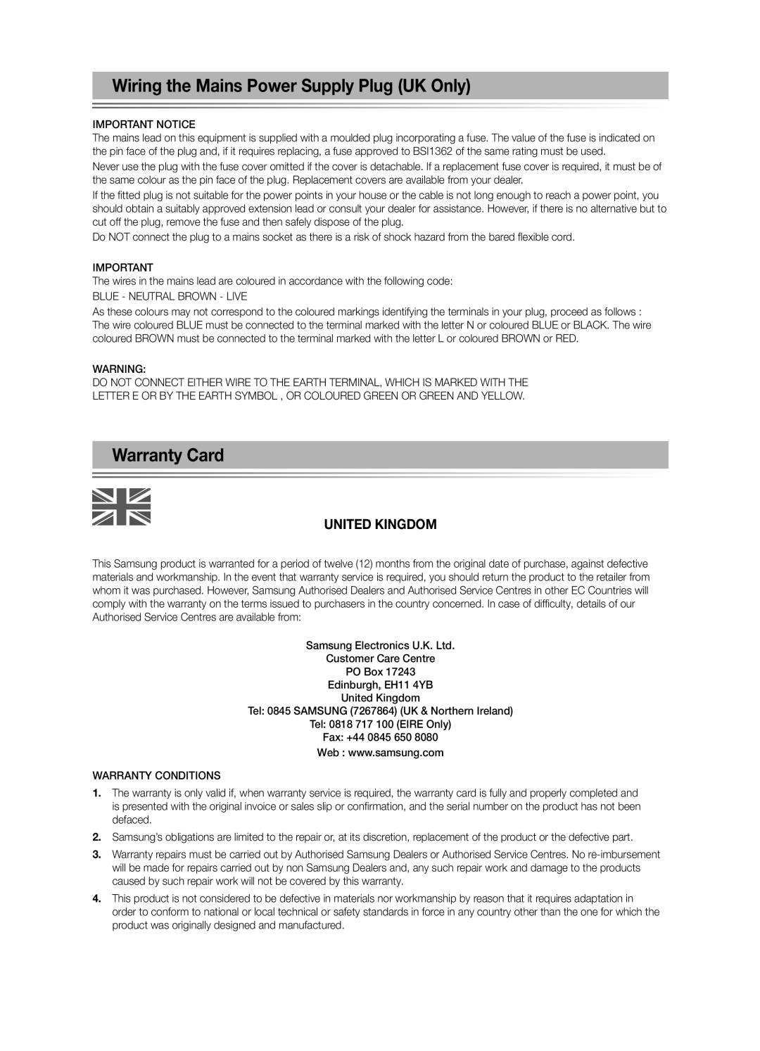 Samsung K-26 user manual Wiring the Mains Power Supply Plug UK Only 