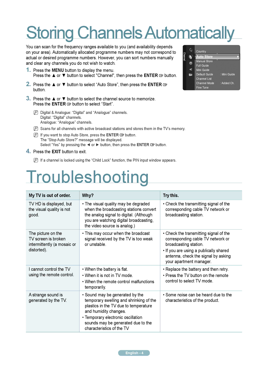 Samsung K-400 quick start Storing ChannelsAutomatically, Troubleshooting, My TV is out of order Why? Try this, Auto Store 