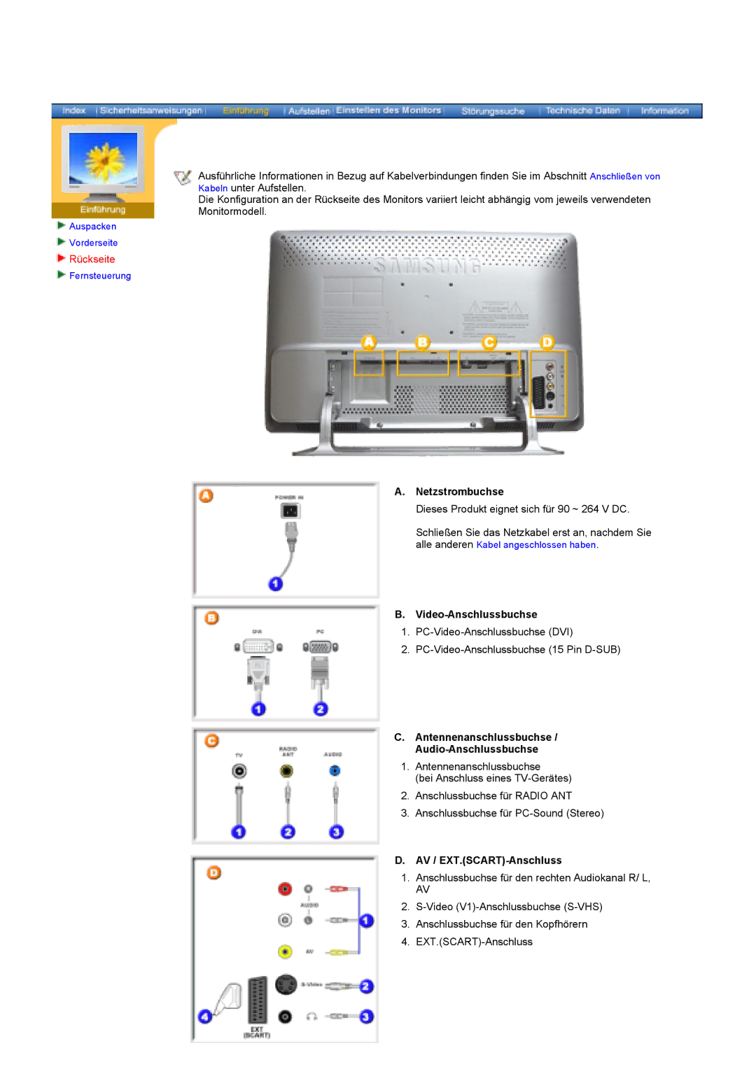 Samsung KD17ASSS/EDC Rückseite, Netzstrombuchse, Video-Anschlussbuchse, Antennenanschlussbuchse Audio-Anschlussbuchse 