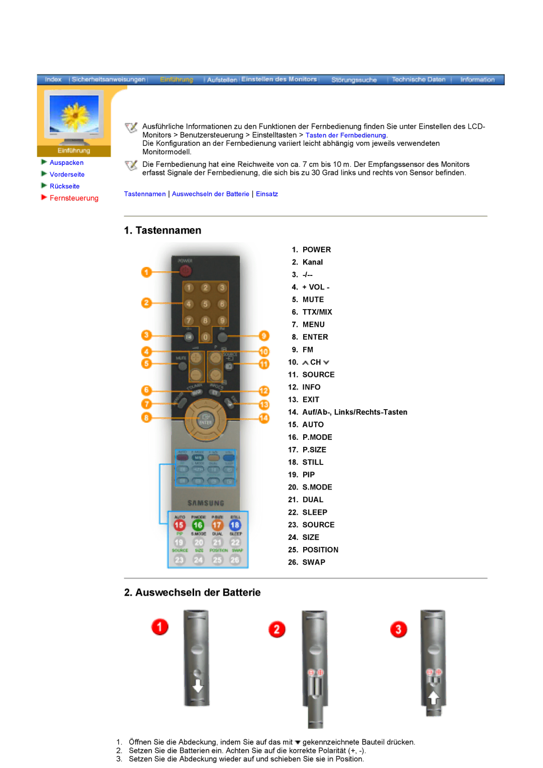 Samsung KD17ASSS/EDC manual Tastennamen, Auswechseln der Batterie 