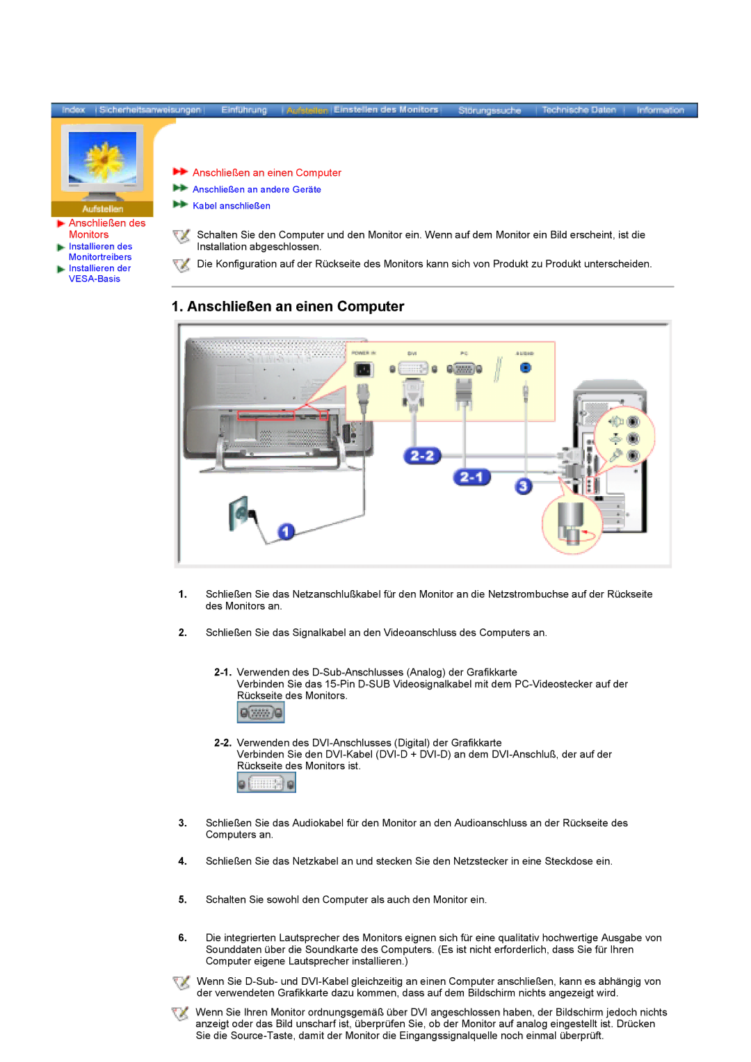 Samsung KD17ASSS/EDC manual Anschließen an einen Computer, Anschließen des Monitors 