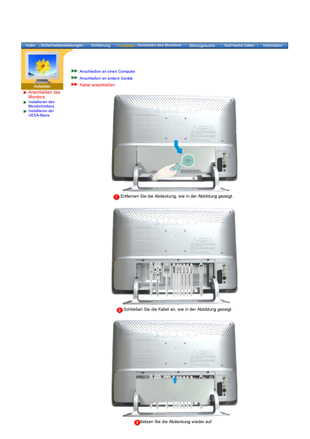 Samsung KD17ASSS/EDC manual Kabel anschließen Anschließen des Monitors 