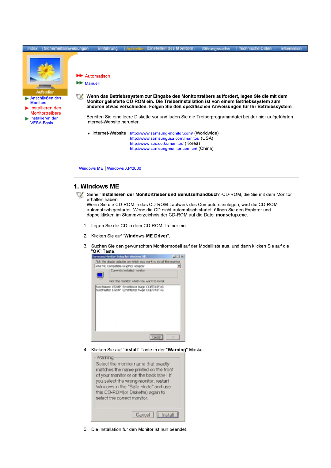 Samsung KD17ASSS/EDC manual Windows ME, Installieren des Monitortreibers, Automatisch 