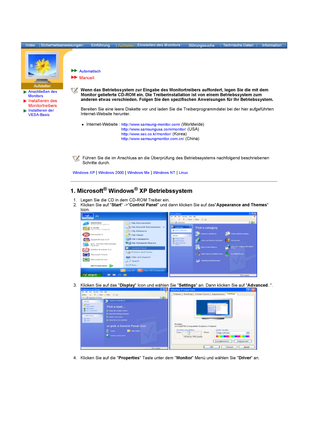 Samsung KD17ASSS/EDC manual Microsoft Windows XP Betriebssystem, Manuell 